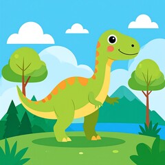 Cute cartoon dinosaur standing in a lush green landscape with trees and mountains.
