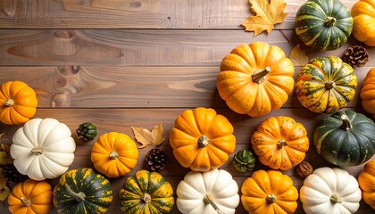 Autumn pumpkins on wooden planks