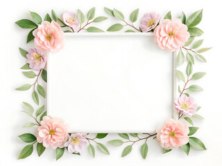 White frame decorated with pink and purple flowers and green leaves on a white background studio shot