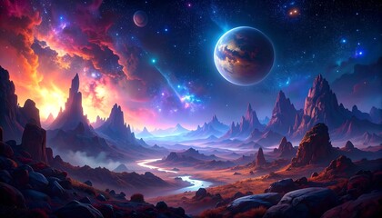 A vibrant, otherworldly landscape with a celestial backdrop