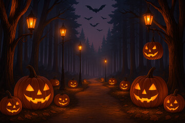 AI generated halloween fantasy scene with glowing jack o lantern pumpkins along forest path and hanging on lantern posts under spooky trees with bats and magical atmosphere