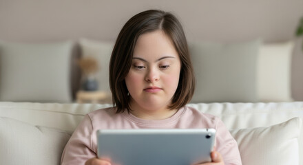 Young woman with down syndrome sitting on sofa, focused on using digital tablet in a cozy home environment