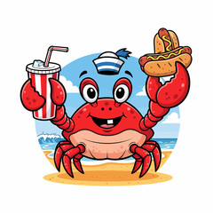 Obraz premium A cute cartoon crab wearing a sailor hat holds a hot dog and a soda on a sunny beach.