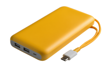 Yellow Portable USB-C Power Bank on Transparent Background