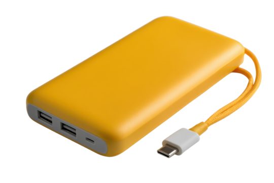 Yellow Portable USB-C Power Bank on Transparent Background