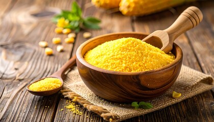A wooden bowl filled with bright yellow cornmeal, garnished with fresh herbs and corn kernels, sits on a rustic wooden table.
