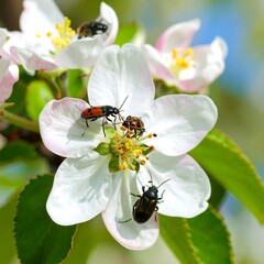 Close-up view of several insects on a delicate white blossom, showcasing intricate patterns and delicate textures.