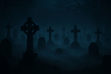 Halloween spooky graveyard background with fog and tombstones