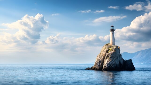 Explore coastal lighthouse on rock island with ocean view and cloudy sky travel destination photography