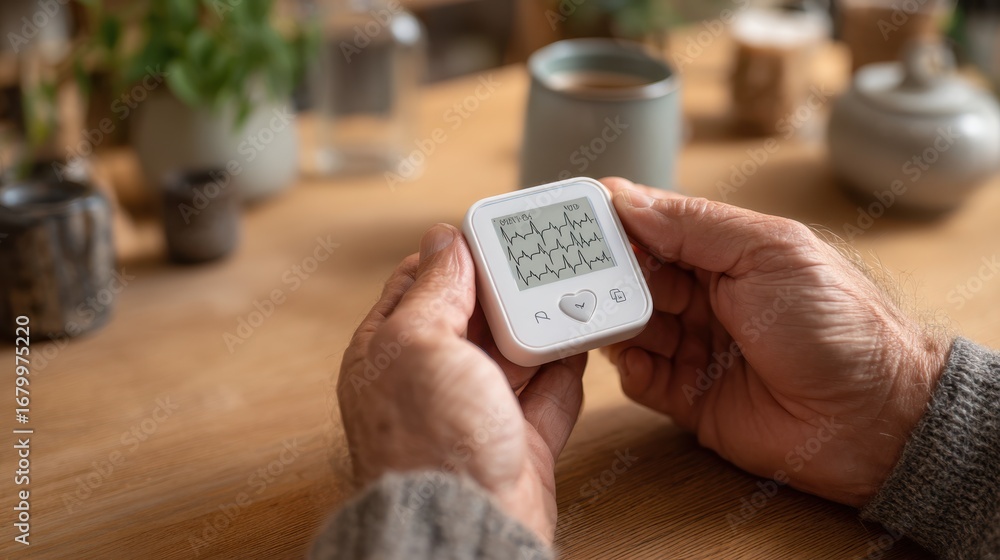 Aufkleber captured medium shot of hands positioning a portable ecg monitor for chest pain flare detection with