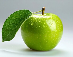 A vibrant green , glistening with water droplets, rests beside a lush green leaf against a neutral background.