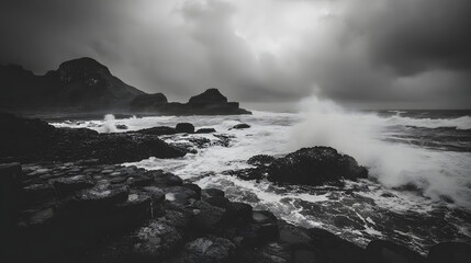 Obraz premium A grayscale seascape of dramatic waves crashing on rocky coast, dark stormy clouds overhead.