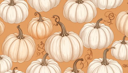 Autumn harvest seamless pattern of white pumpkins with curly stems on an orange background