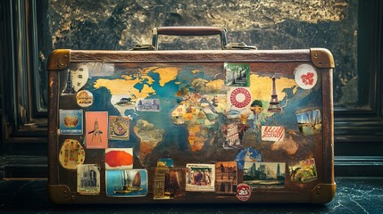 Vintage travel suitcase with world map and travel stickers for adventure and wanderlust inspiration