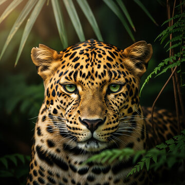 Intense leopard portrait amidst lush rainforest greenery, wildlife beauty