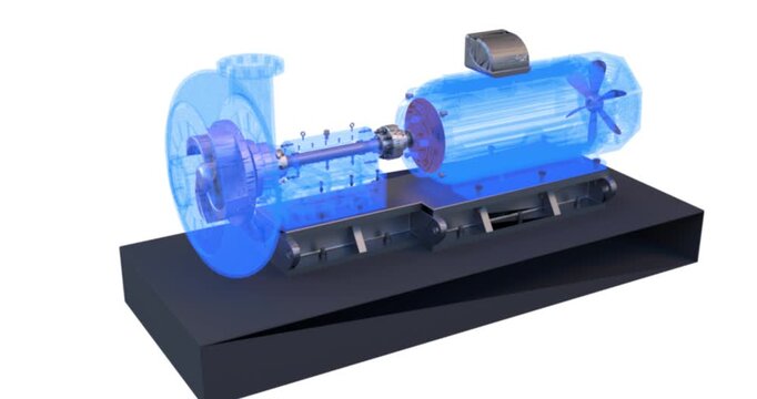 Centrifugal pump and motor animation with fade-in transparent housing