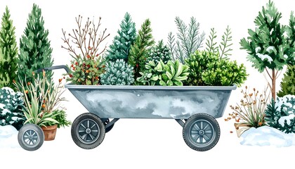 Watercolor illustration of a gray wheelbarrow full of winter plants and trees, with snow-covered details, displayed against a white backdrop.