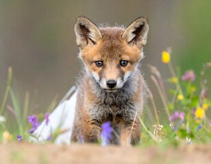 Cute fox cub in wildflowers