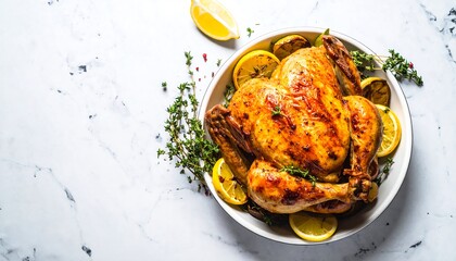 Roasted chicken garnished with lemon wedges and thyme sprigs on marble surface, perfect for