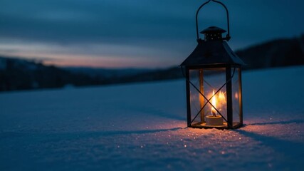 A lantern glowing brightly in the snowy landscape at dusk, creating a warm contrast against the cold winter scene - Powered by Adobe