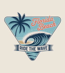 This vibrant graphic design showcases the essence of Florida's beach life with a notable wave, palm trees, and a clear sky, invoking a sense of adventure and relaxation.