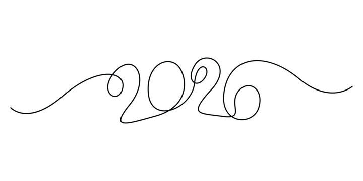 Happy New Year continuous one line drawing 2026. Doodle vector illustration
