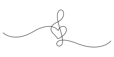 Treble clef music notes with love sign continuous one line drawing. Doodle vector illustration