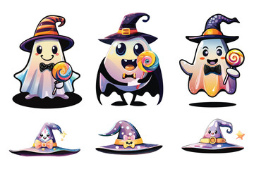 Cute Halloween Ghosts with Candy and Witch Hats Illustration
