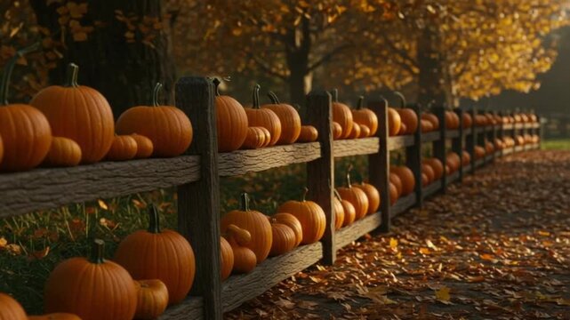 Autumn pumpkins line a rustic wooden fence along a leaf-strewn path, creating a festive fall scene.
