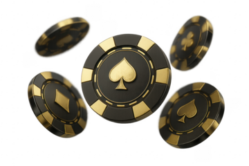 Casino chips with playing card suits falling on transparent background
