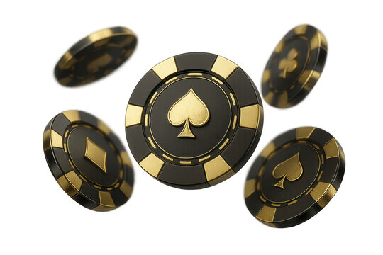 Casino chips with playing card suits falling on transparent background