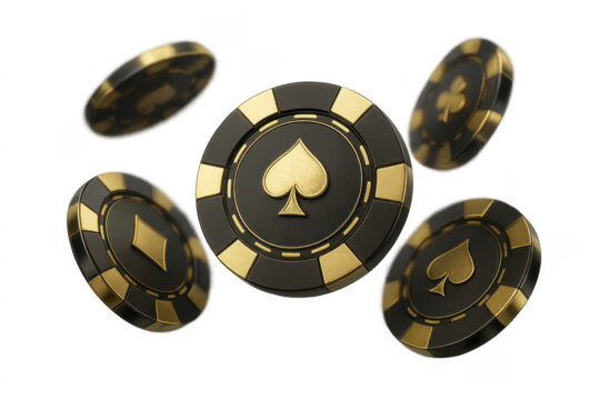 Casino chips with playing card suits falling on transparent background