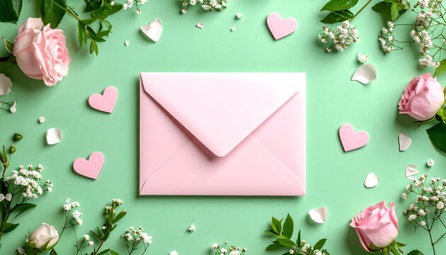 Pastel pink envelope surrounded by flowers and hearts on mint green background