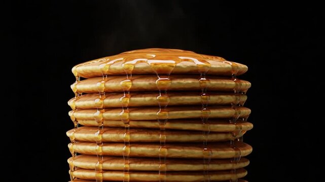 Delicious stack of pancakes being drizzled with golden syrup against a dark background creating a tempting breakfast scene