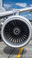 Close-up view of a jet engine's intricate turbine and blades, showcasing the sleek design and powerful machinery of modern aviation.