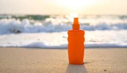Orange sunscreen bottle on beach sand