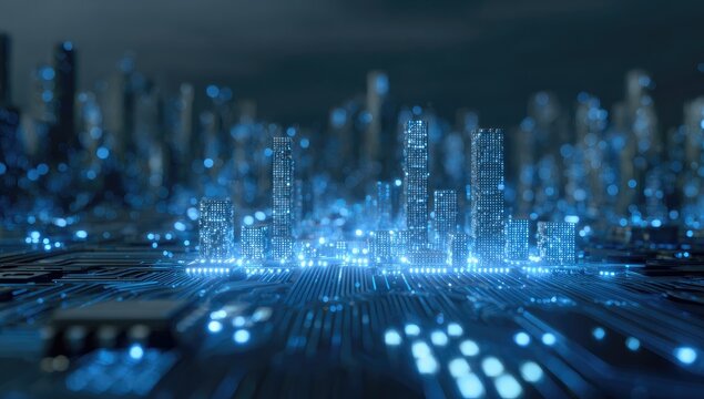 Futuristic cityscape digitally rendered on a circuit board - Powered by Adobe