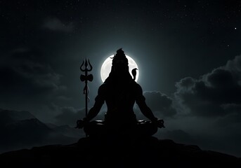 Lord Shiva's Night Meditation Under Full Moon Celestial Serenity  Hindu Mythology Spiritual Image