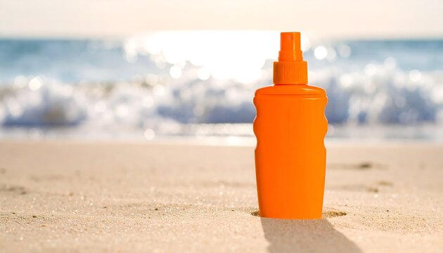 Orange sunscreen bottle on sandy beach