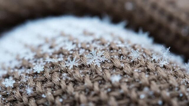 Macro shot of delicate snowflakes resting on a textured brown knitted surface in a winter setting