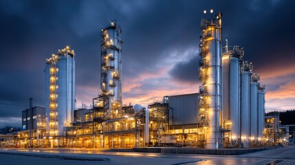 Obraz premium Industrial Plant, Oil Refinery, Energy Production at Dusk
