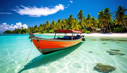 Tropical Paradise Boat Anchored in Crystal Clear Turquoise Waters.