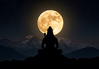 Lord Shiva Silhouette Meditating Under a Full Moon in the Himalayas Night Scene