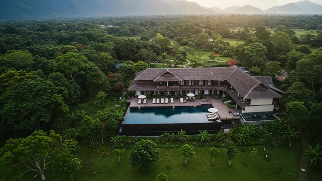 Serene Aerial View of Luxury Resort Surrounded by Lush Green Nature