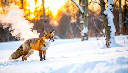 Red fox standing in a snowy forest clearing at sunrise, visible breath in the cold air, captured in sharp detail with realistic textures and glowing winter light