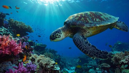 Obraz premium Underwater view of a sea turtle gliding above a vibrant coral reef, surrounded by colorful marine life, with shafts of sunlight penetrating clear water in highly realistic detail