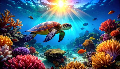 Fototapeta premium Underwater view of a sea turtle gliding above a vibrant coral reef, surrounded by colorful marine life, with shafts of sunlight penetrating clear water in highly realistic detail