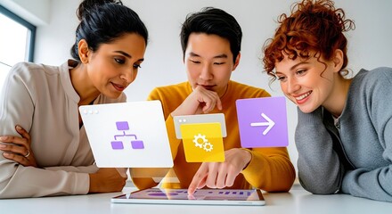 Diverse team discusses digital project on tablet