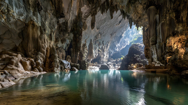 A stunning view inside a large cave with a turquoise pool reflecting the cave's stalactites and the entrance with natural light.