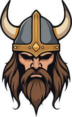 Fierce Viking Warrior Head with Horned Helmet and Long Brown Beard - Norse Barbarian Character Mascot Vector Illustration for Gaming and Sports Branding